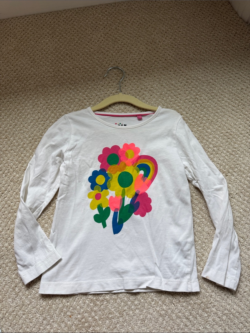 Girls' White Long-Sleeve Tee with Colorful Floral & Rainbow Print